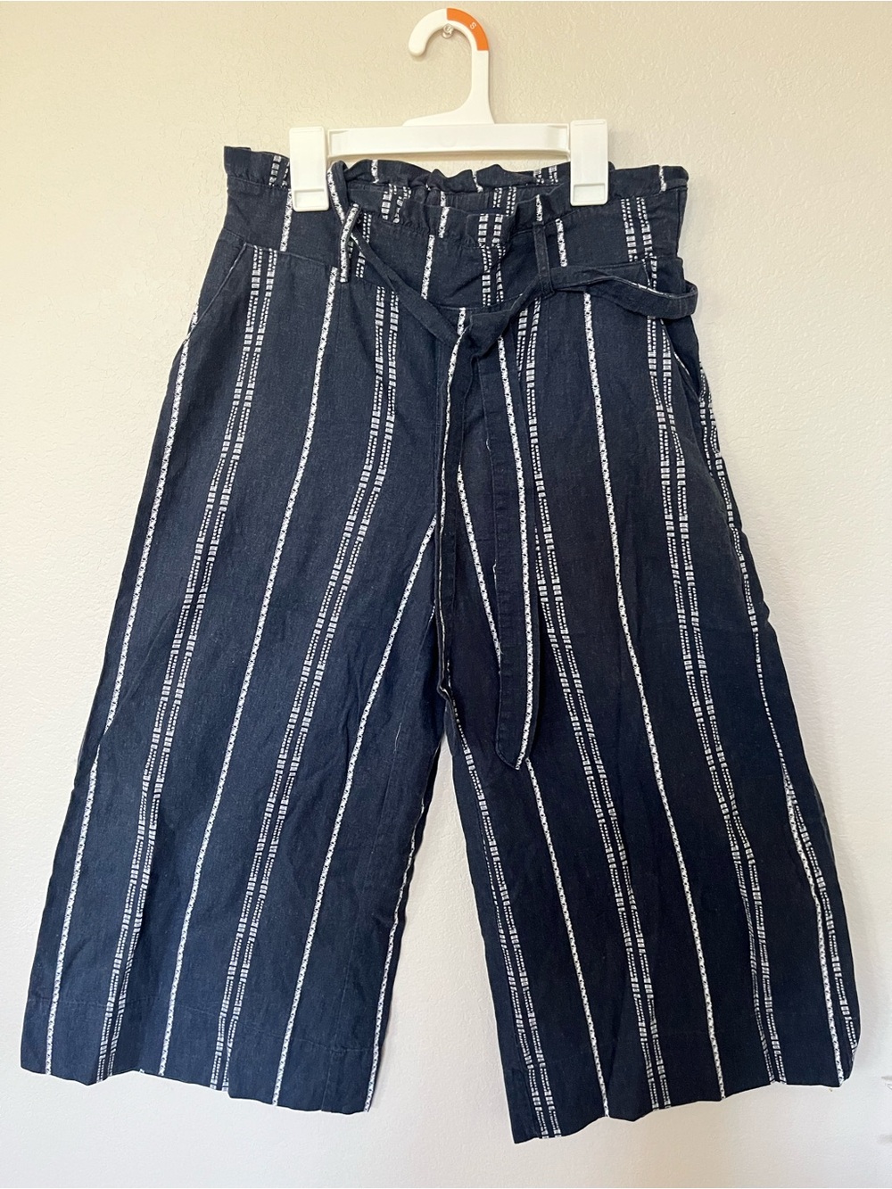 Beau Dawson Pants Womens Linen Blend Crop Wide Leg Pull On Striped Blue